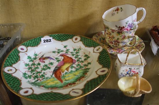 Chelsea style dish, Royal Crown  Derby cup and saucer and 2 porcelain baskets